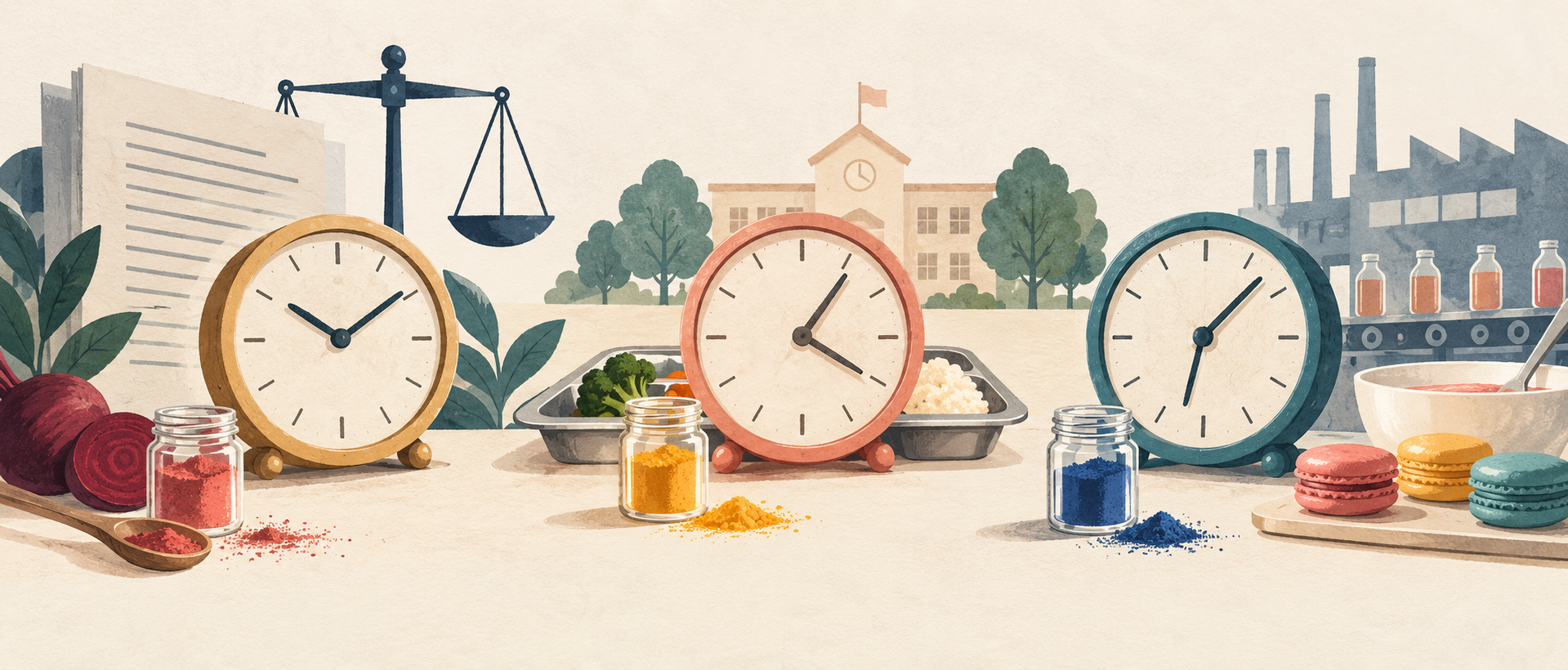 三只时钟与食品色素样品的概念插画,寓意不同的退出时间安排。