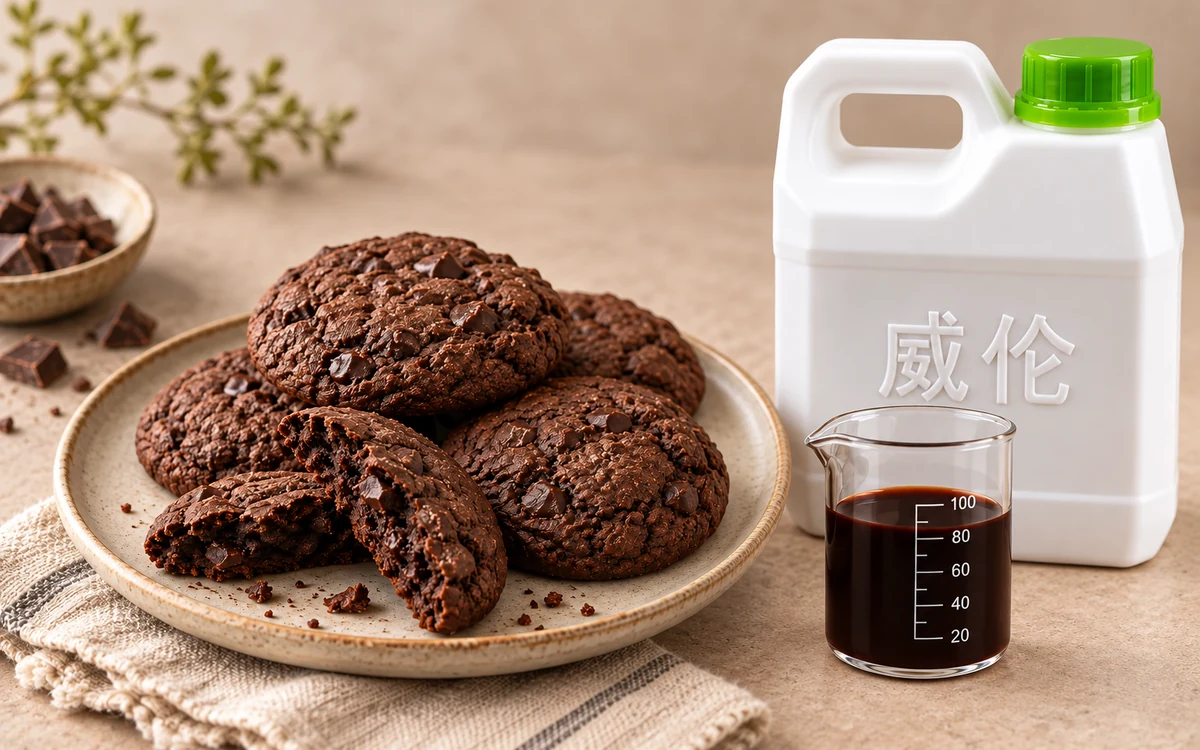 巧克力饼干、威伦白色 1 kg 提手瓶和深可可褐样液烧杯的 AI 示意图