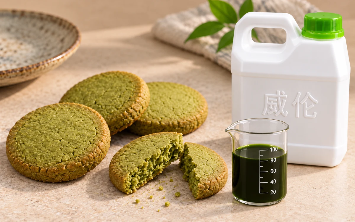 抹茶饼干、威伦白色 1 kg 提手瓶和深抹茶绿样液烧杯的 AI 示意图