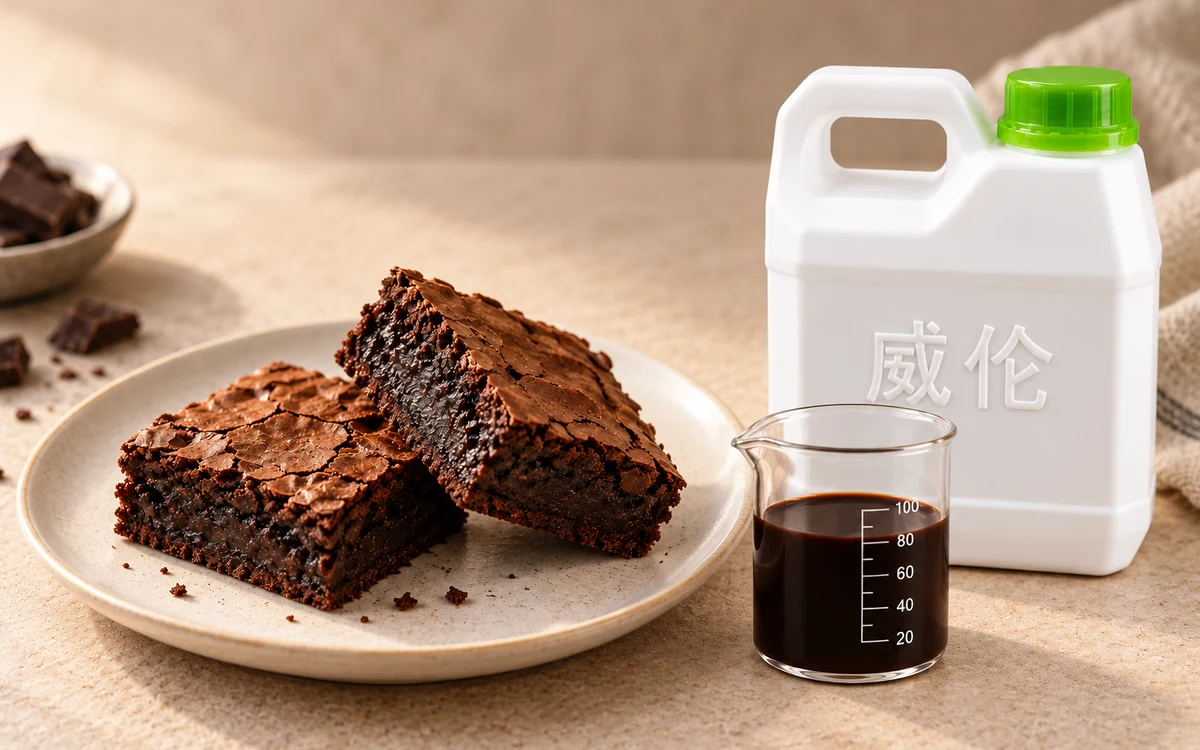 布朗尼蛋糕、威伦白色 1 kg 提手瓶和深可可褐样液烧杯的 AI 示意图