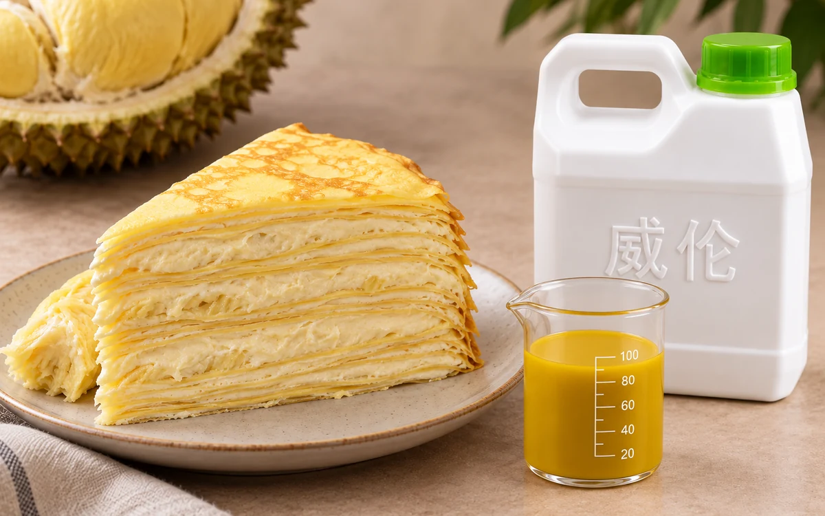 榴莲千层蛋糕、威伦白色 1 kg 提手瓶和榴莲奶黄样液烧杯的 AI 示意图