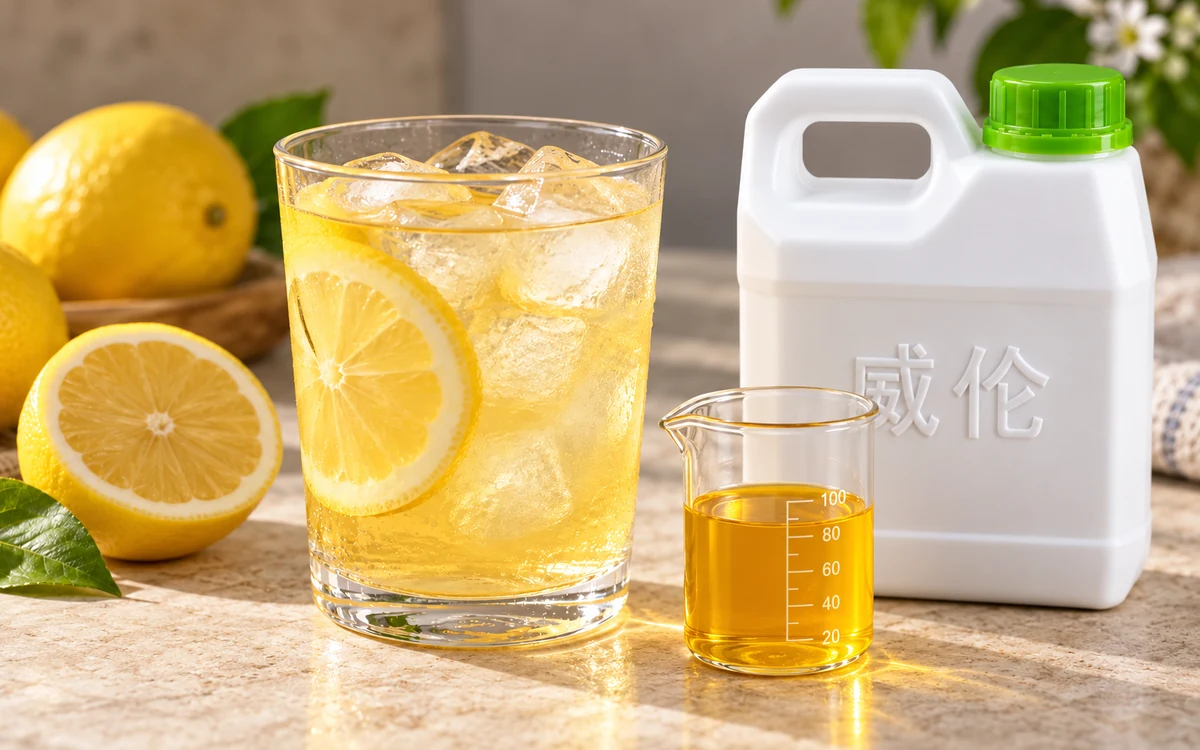 柠檬饮料、威伦白色 1 kg 提手瓶和深柠檬黄样液烧杯的 AI 示意图