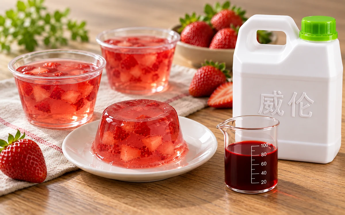 草莓果冻、威伦白色 1 kg 提手瓶和草莓深红样液烧杯的 AI 示意图