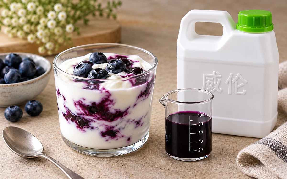 蓝莓酸奶、威伦白色 1 kg 提手瓶和蓝莓深紫样液烧杯的 AI 示意图
