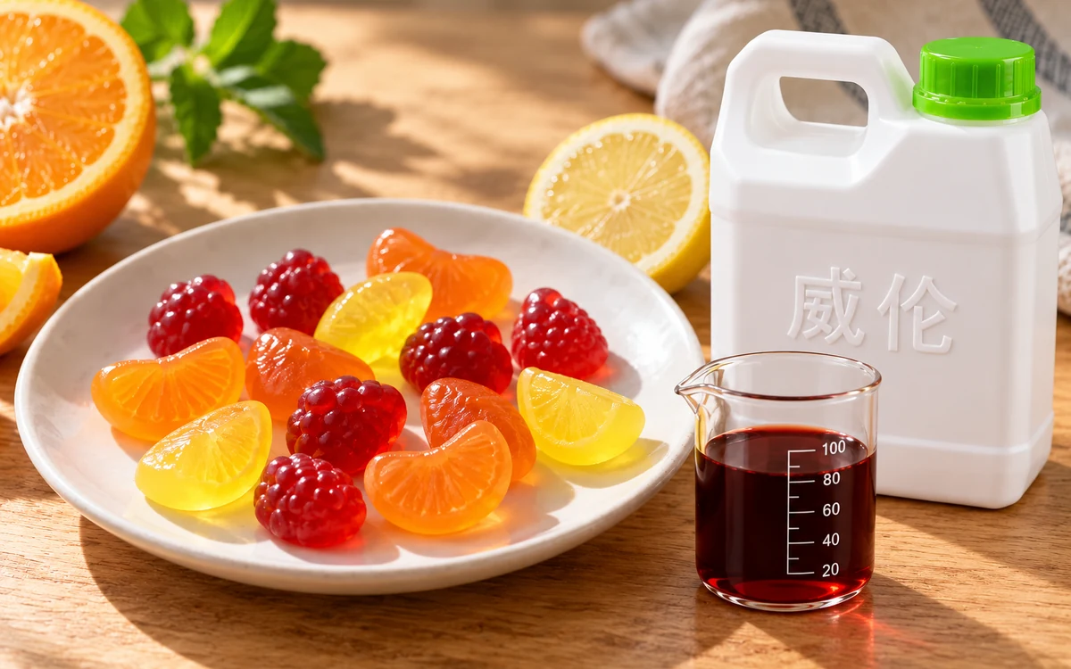 果汁软糖、威伦白色 1 kg 提手瓶和软糖中的莓果深红样液烧杯的 AI 示意图