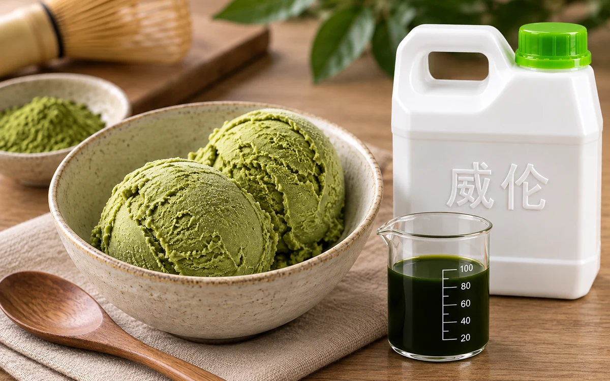 抹茶冰淇淋、威伦白色 1 kg 提手瓶和深抹茶绿样液烧杯的 AI 示意图