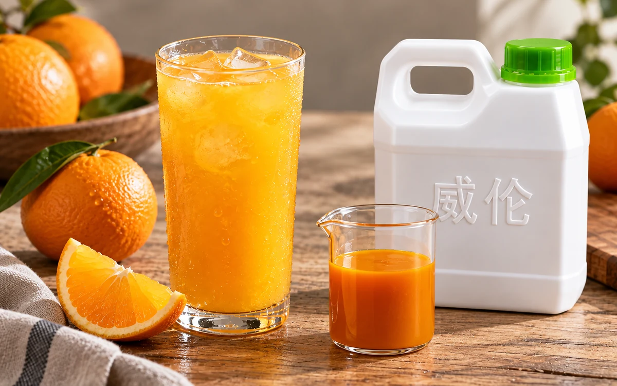 橙汁饮料、威伦白色 1 kg 提手瓶和深橙样液烧杯的 AI 示意图