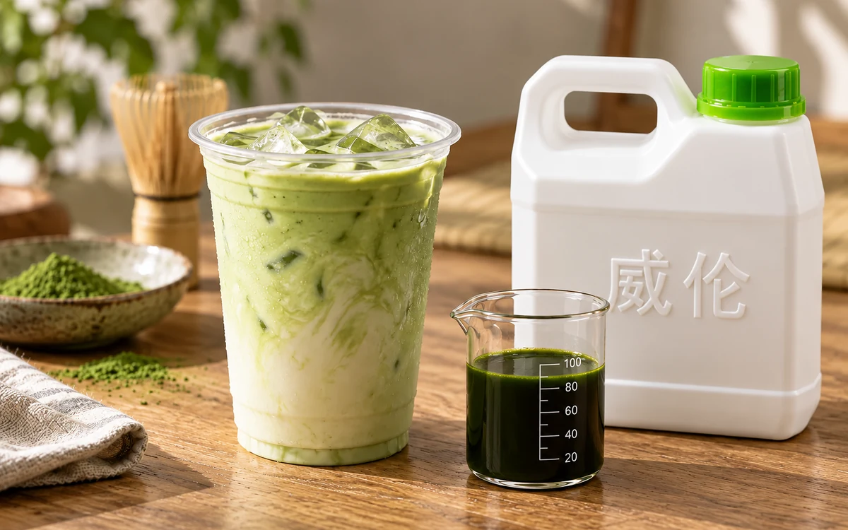 抹茶奶茶、威伦白色 1 kg 提手瓶和深抹茶绿样液烧杯的 AI 示意图