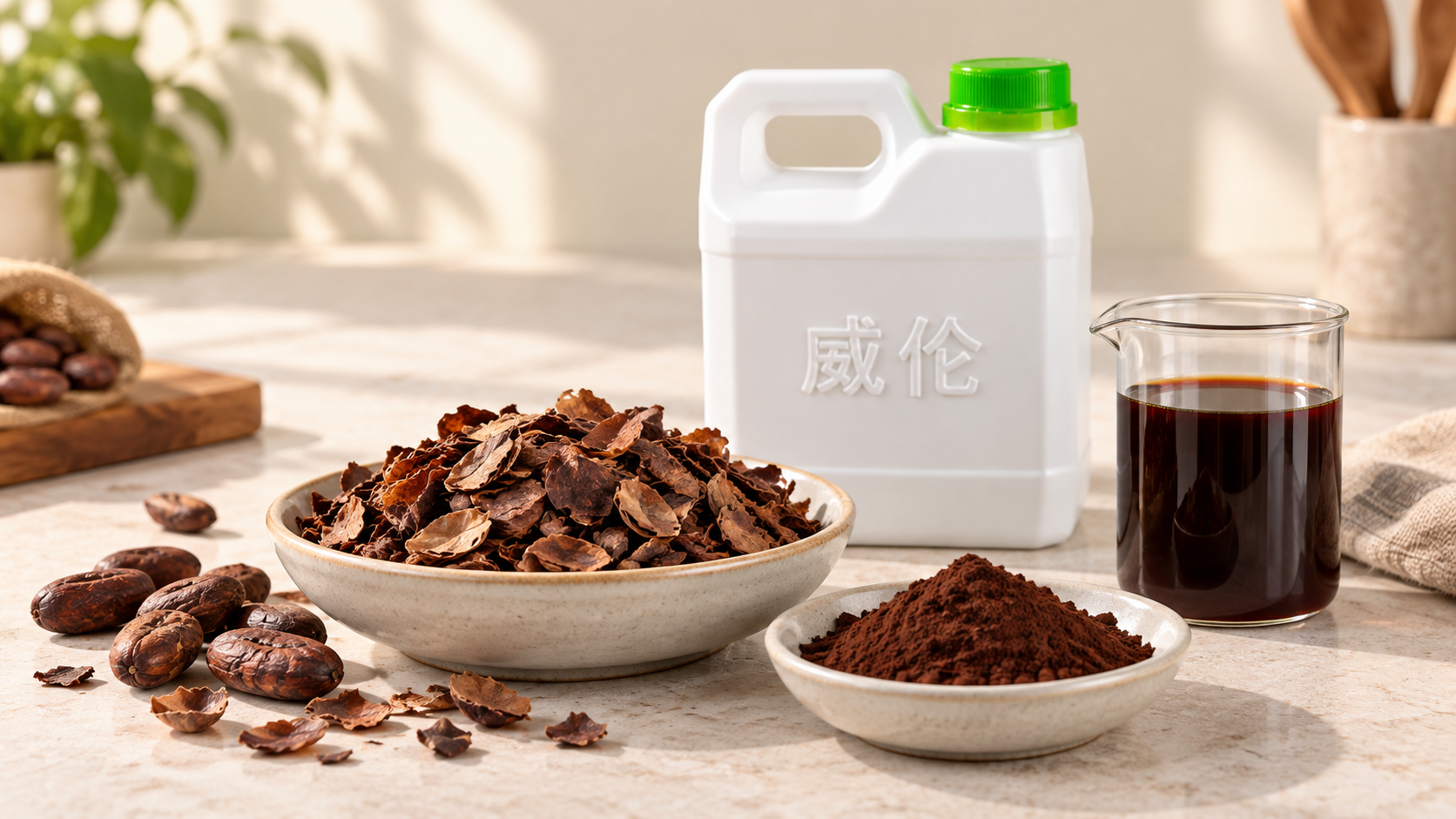 可可豆壳原料、棕色粉末与色液的主题示意，搭配威伦瓶