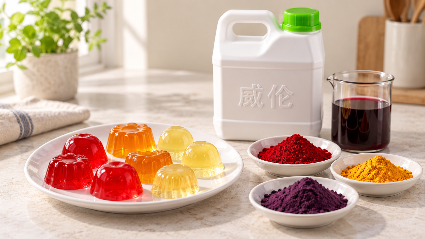 不同颜色的粉末与食品应用示意,搭配威伦瓶及色液烧杯
