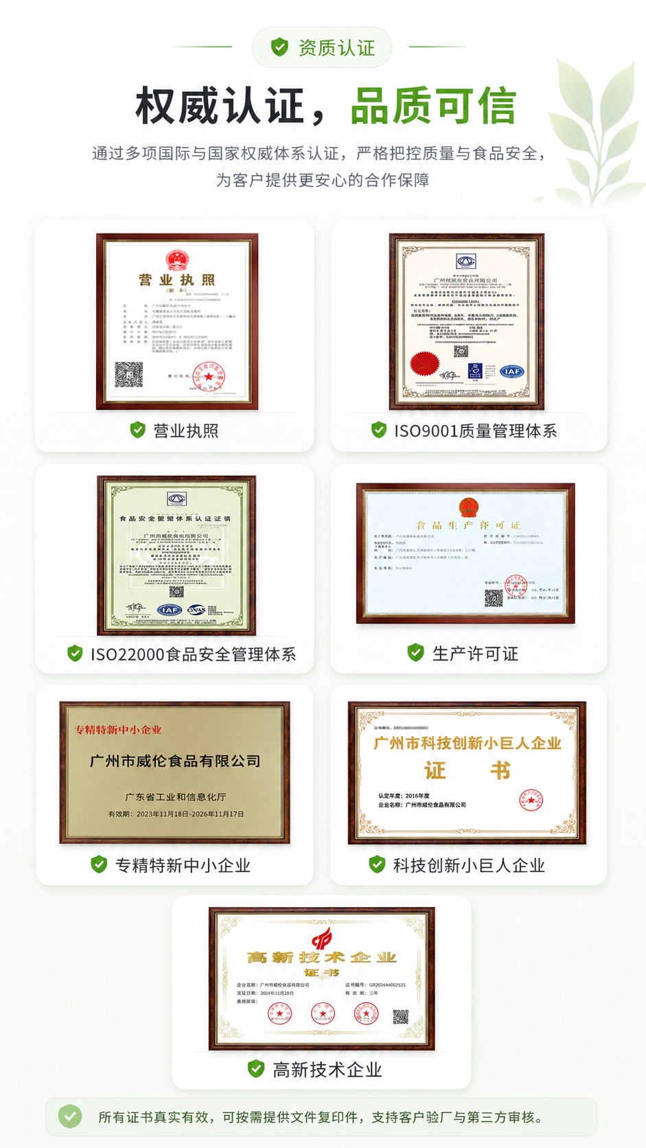 威伦食品营业执照、ISO与企业资质认证资料图